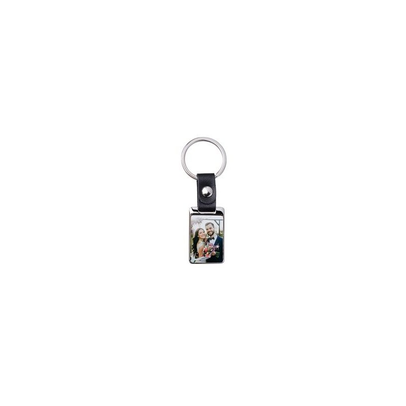 Porte-Clés En Métal - Rectangle - 2.5 X 6.5 Cm - Attache Simili-Cuir Noir