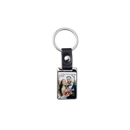 Porte-Clés En Métal - Rectangle - 2.5 X 6.5 Cm - Attache Simili-Cuir Noir